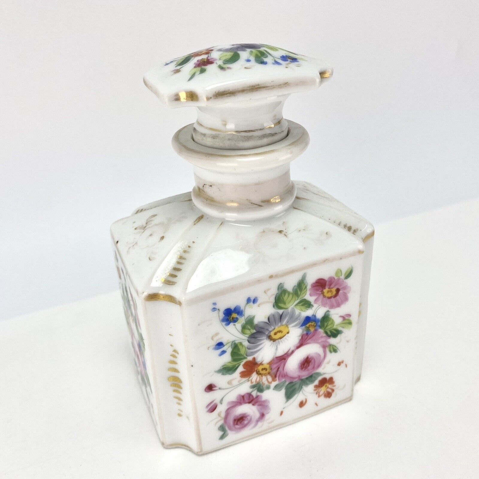 Antique 19th C French Porcelain Scent Perfume Bottle w Floral Painted Decoration