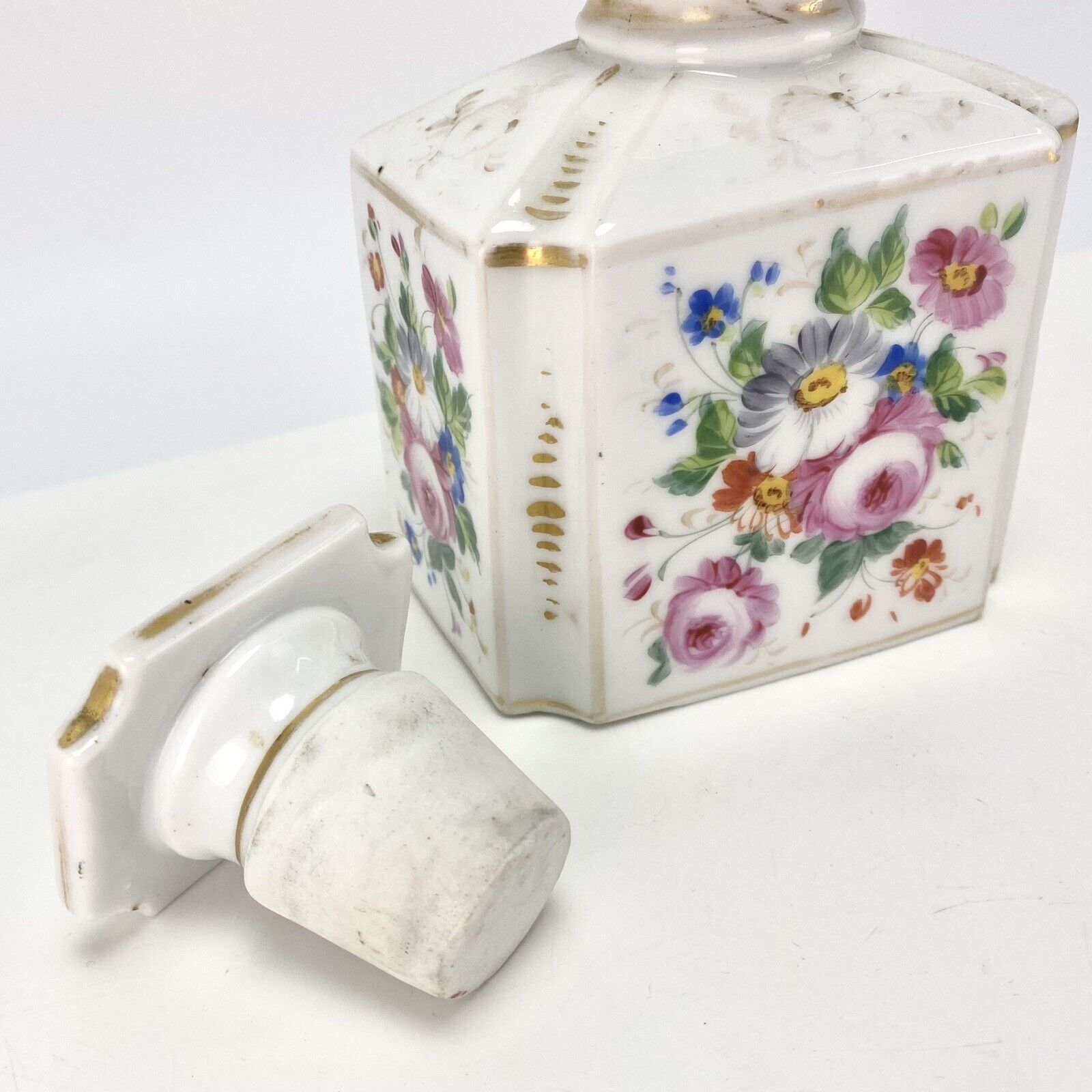 Antique 19th C French Porcelain Scent Perfume Bottle w Floral Painted Decoration