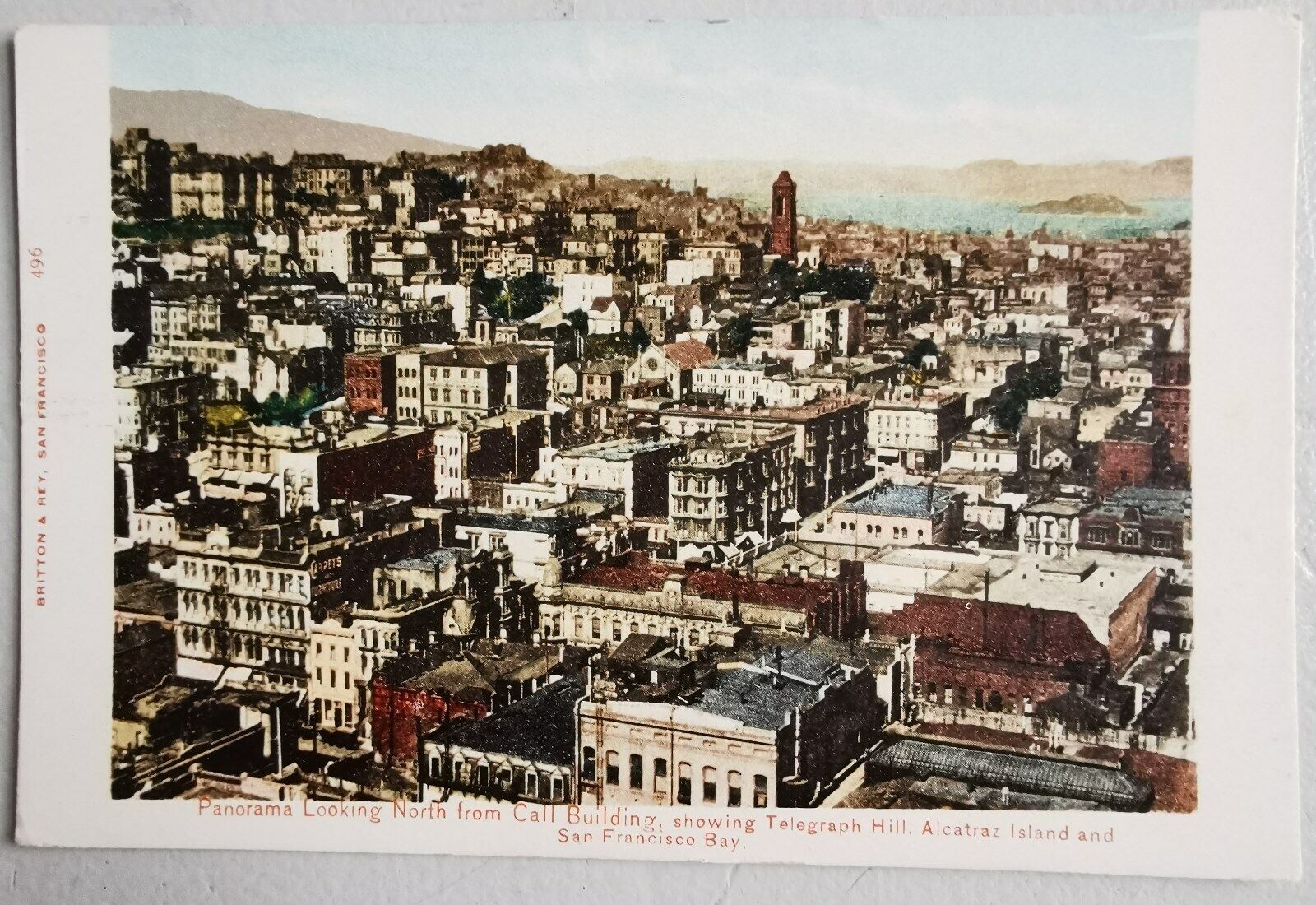 Vintage postcard: Wiev over San Fransisco area house roofs Important buildings