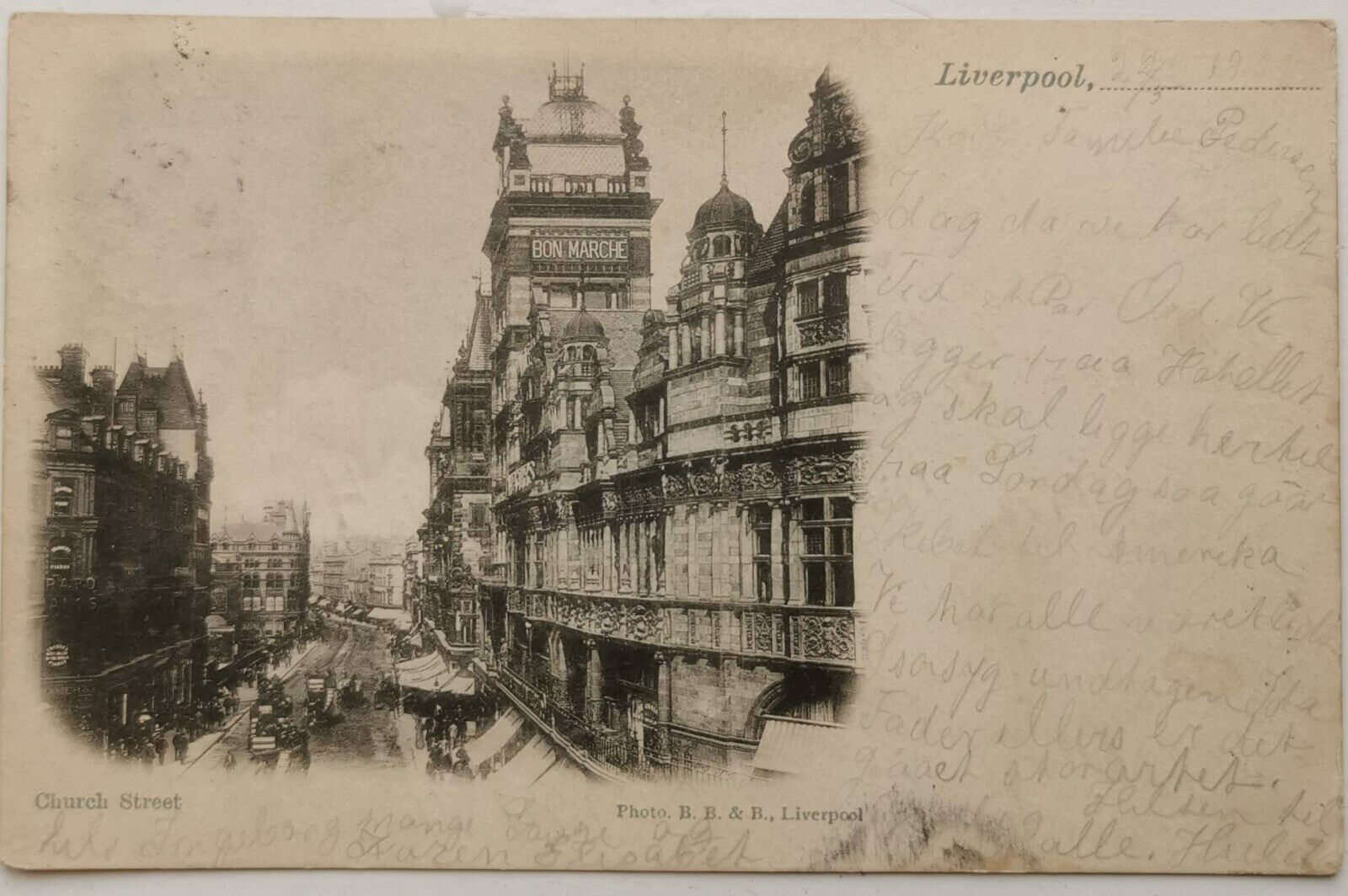 Vintage postcard: Church Street Liverpool Mailed to Denmark in 1902  pok1108