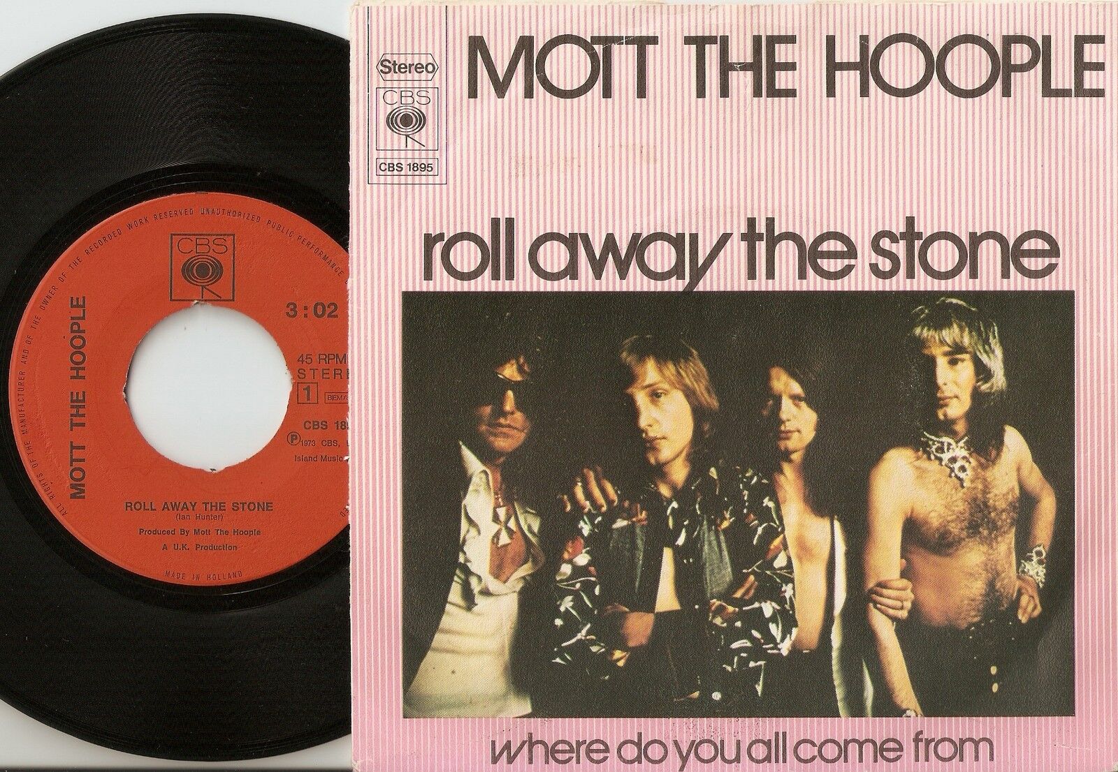 MOTT THE HOOPLE ROLL AWAY THE STONE DUTCH 45+PS 1973 GLAM PUNK PROG BLUES ROCK