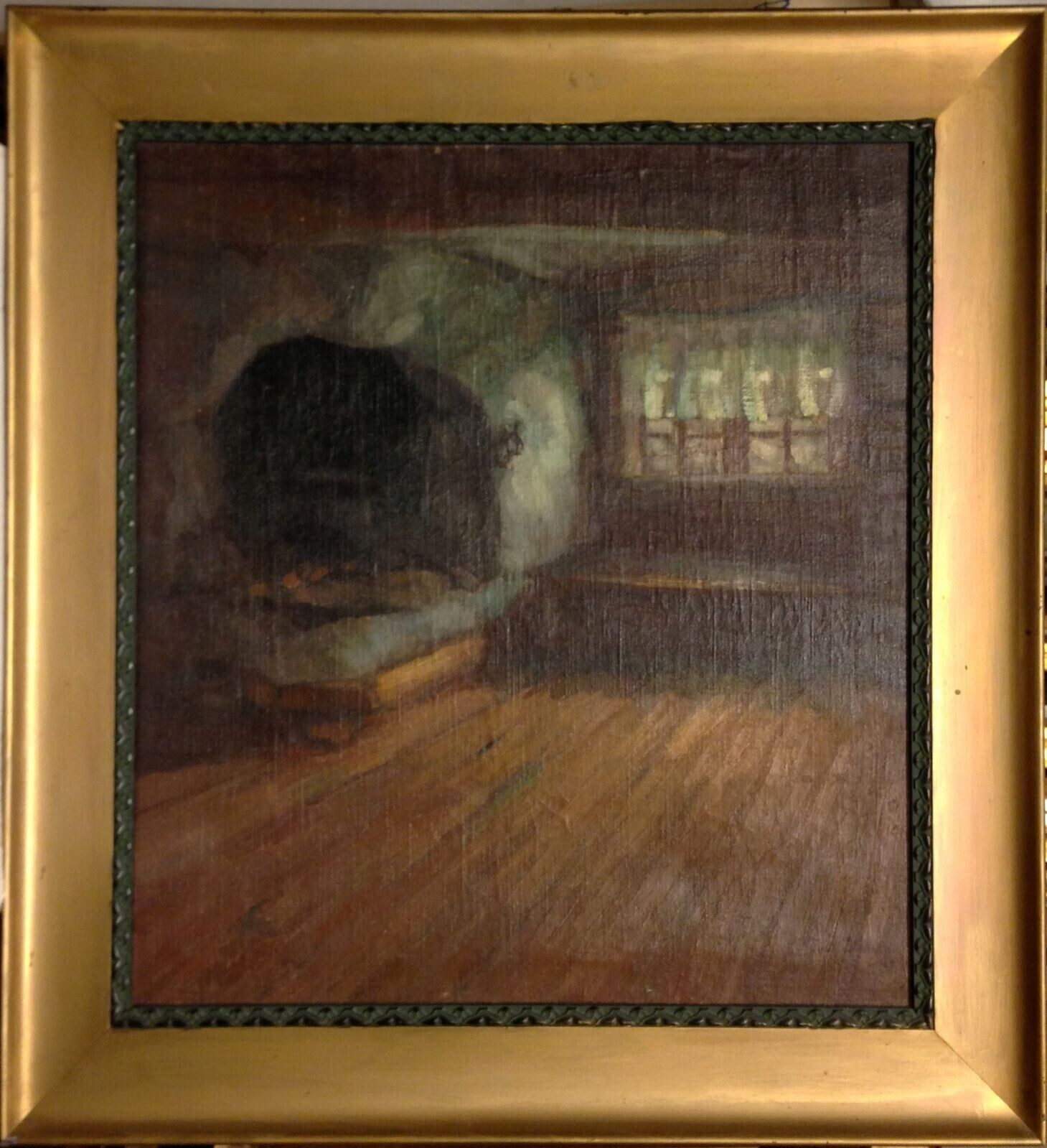 INTERIOR with TRADITIONAL STONE OVEN Antique oil painting dated 1918