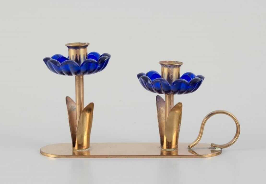 Gunnar Ander for Ystad Metall Candlestick holder in brass and blue art glass