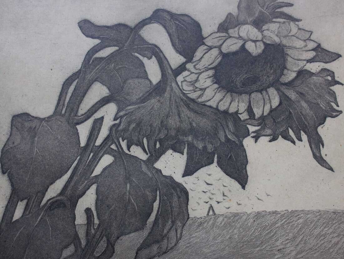 Oluf Jensen etching Sunflower in a field 1929 Pupil of P S Kroyer