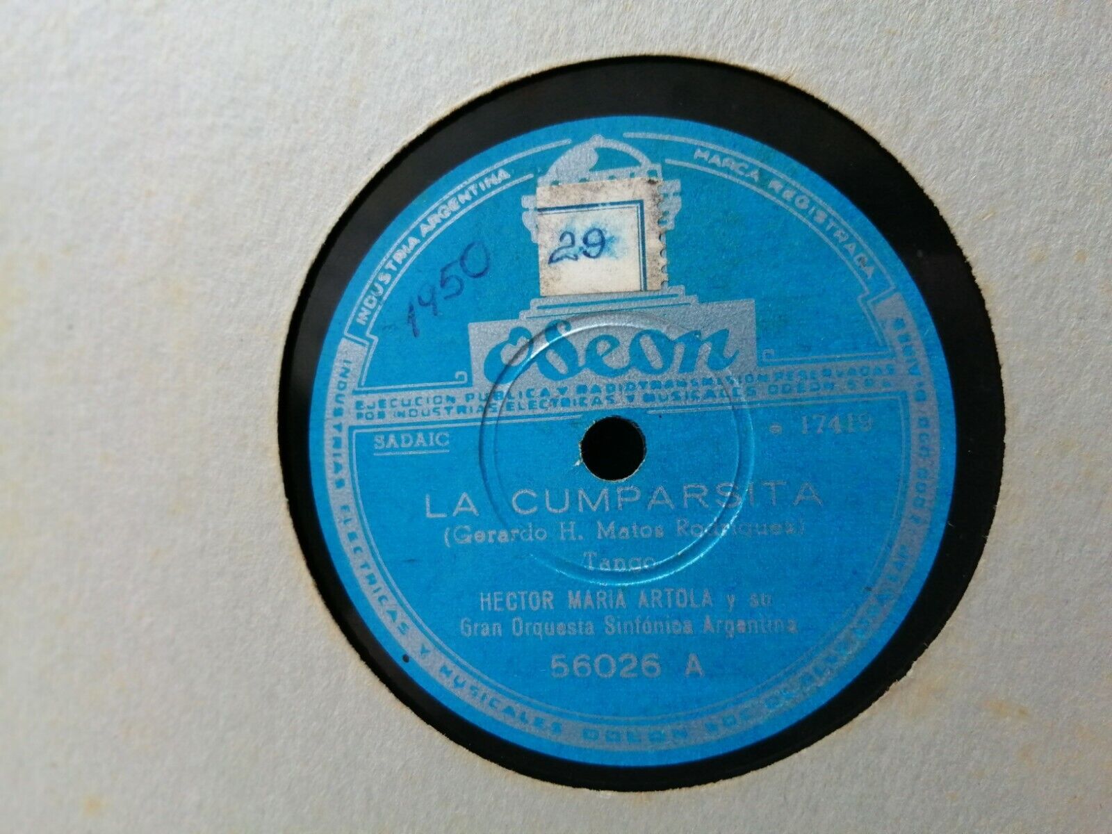 78 rpmHECTOR MARIA ARTOLAAlma De Bohemio/La Cumparsita Odeon Argentina