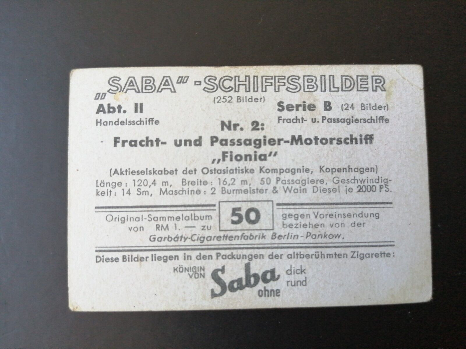 German SABA tobacco ship trading card 1931-33No 50 "Fionia" Denmark