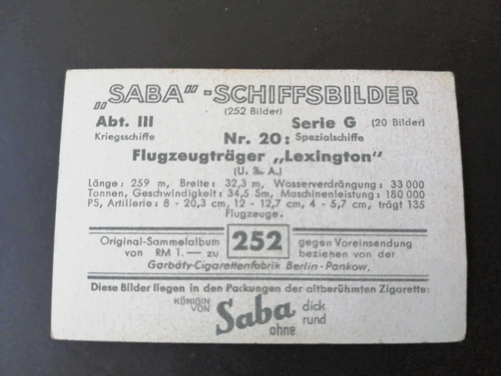 German SABA tobacco ship trading card 1931-33No 252 " Lexington" USA