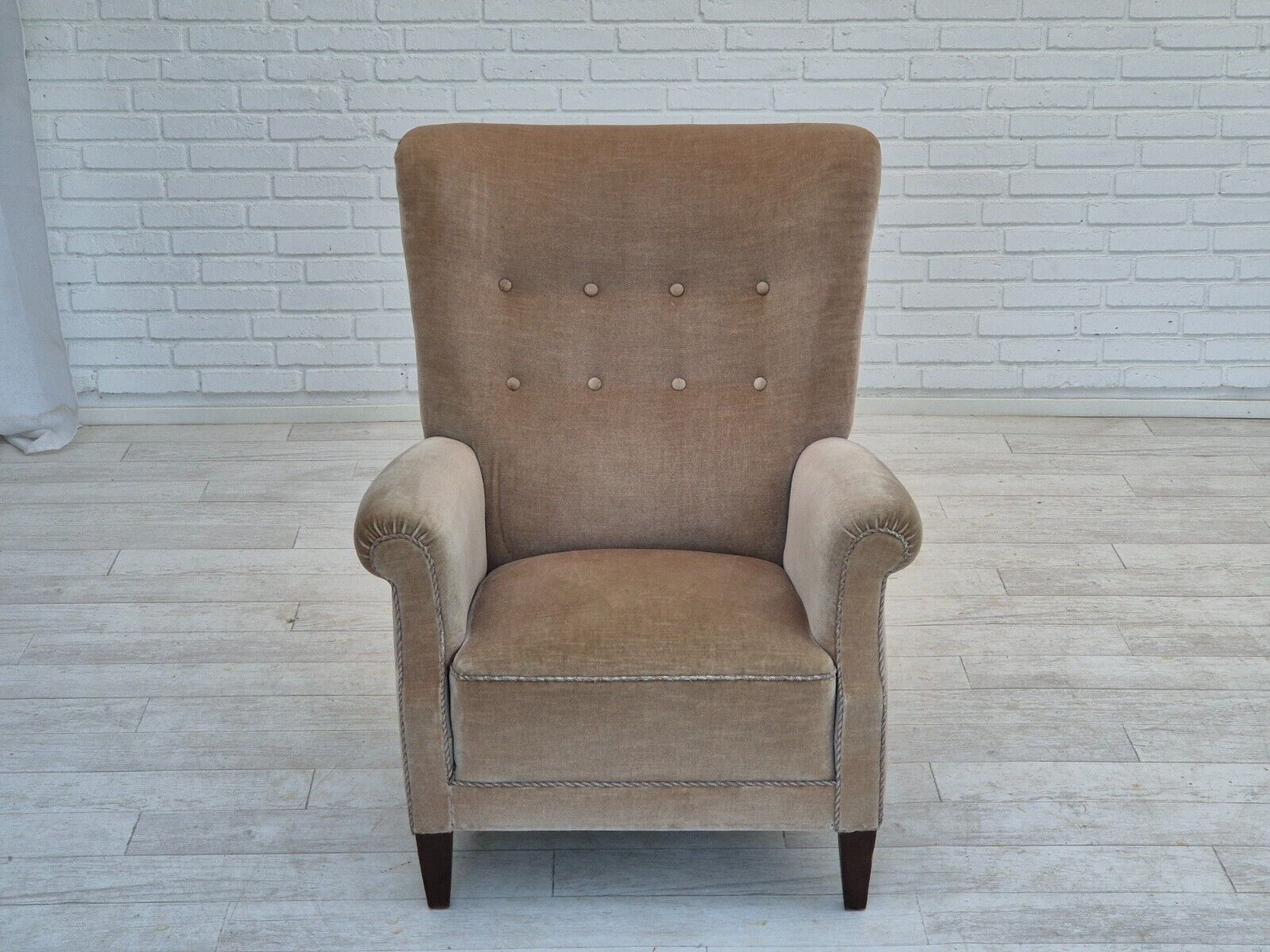 1970s Danish highback armchair original condition furniture velour bech wood