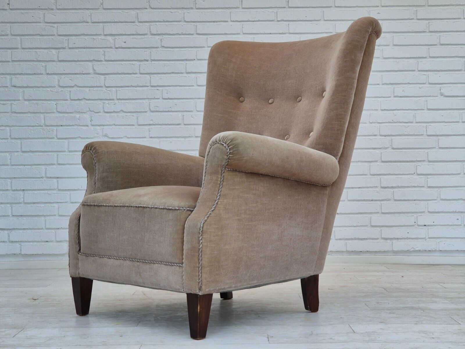 1970s Danish highback armchair original condition furniture velour bech wood