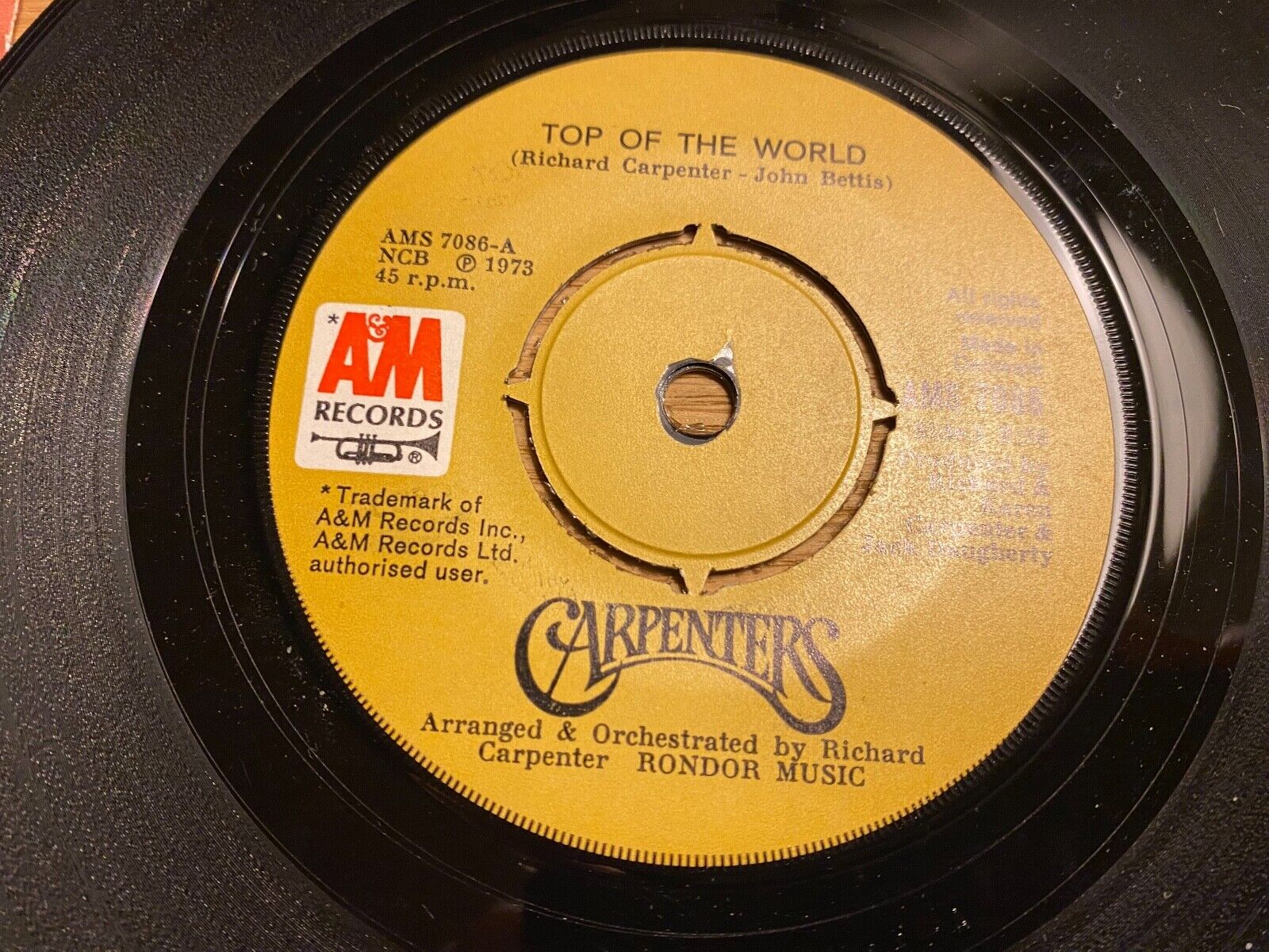 CARPENTERS "TOP OF THE WORLD / YOUR WONDERFUL PARADE" 1973 NCB A  M RECORDS 7"