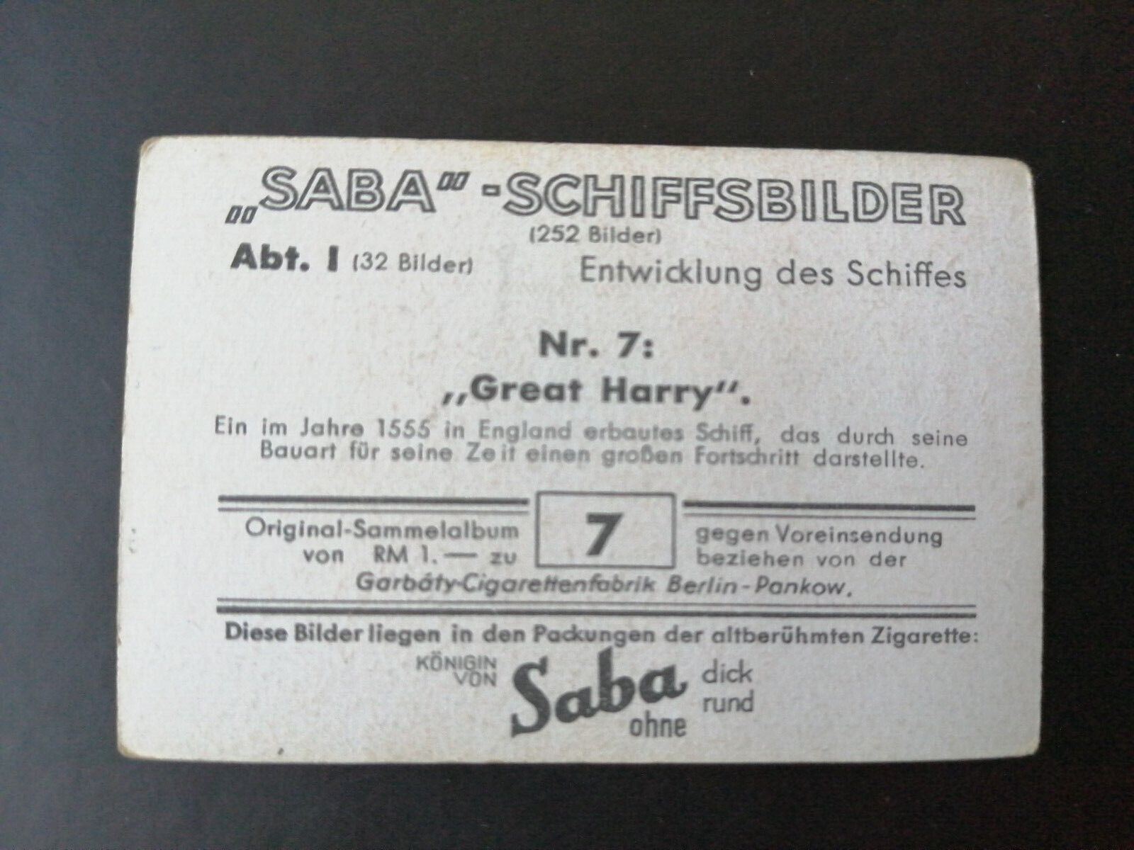 German SABA tobacco ship trading card 1931-33No 7 "Great Harry" England