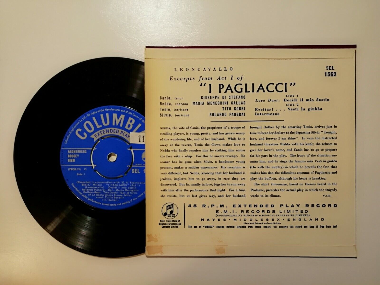 Vinyl 45 EPI PagliacciMaria CallasGuiseppe Di StefanoColumbia SEL 1652