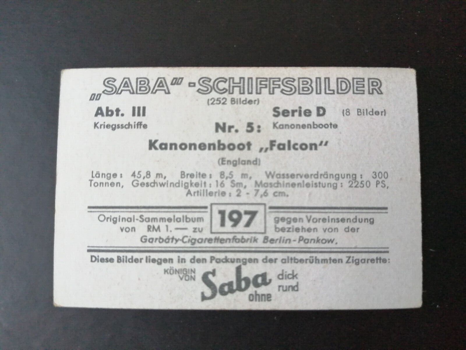 German SABA tobacco ship trading card 1931-33No 197 "Falcon" England