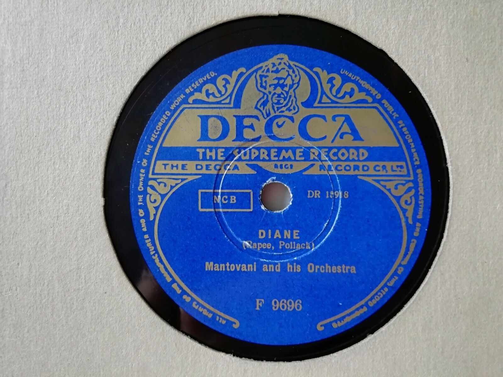 78 rpm Mantovani and his orchestraCharmaineDiane Decca F9696England