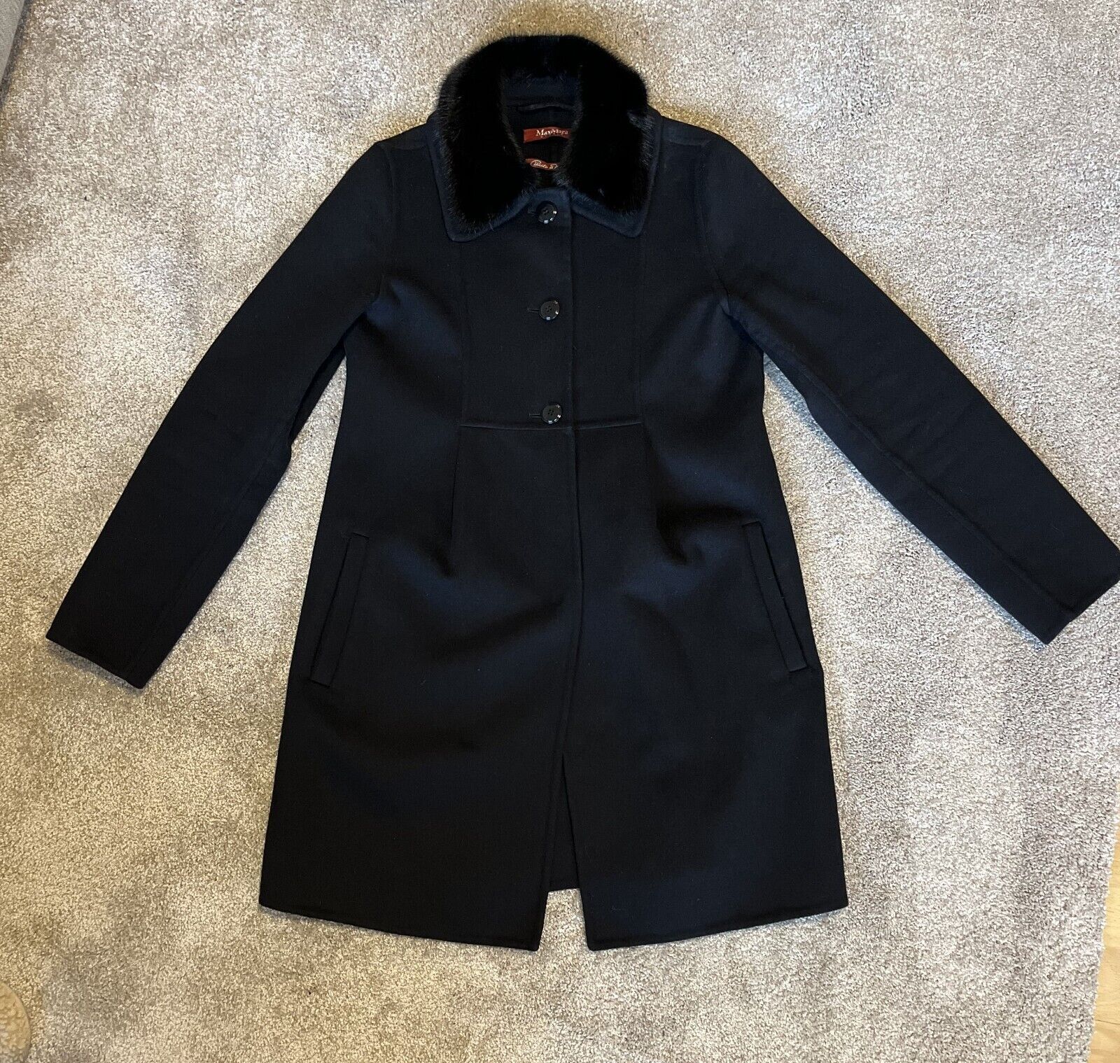 Max Mara Wool Black Women's Overcoat Long Real Mink Fur