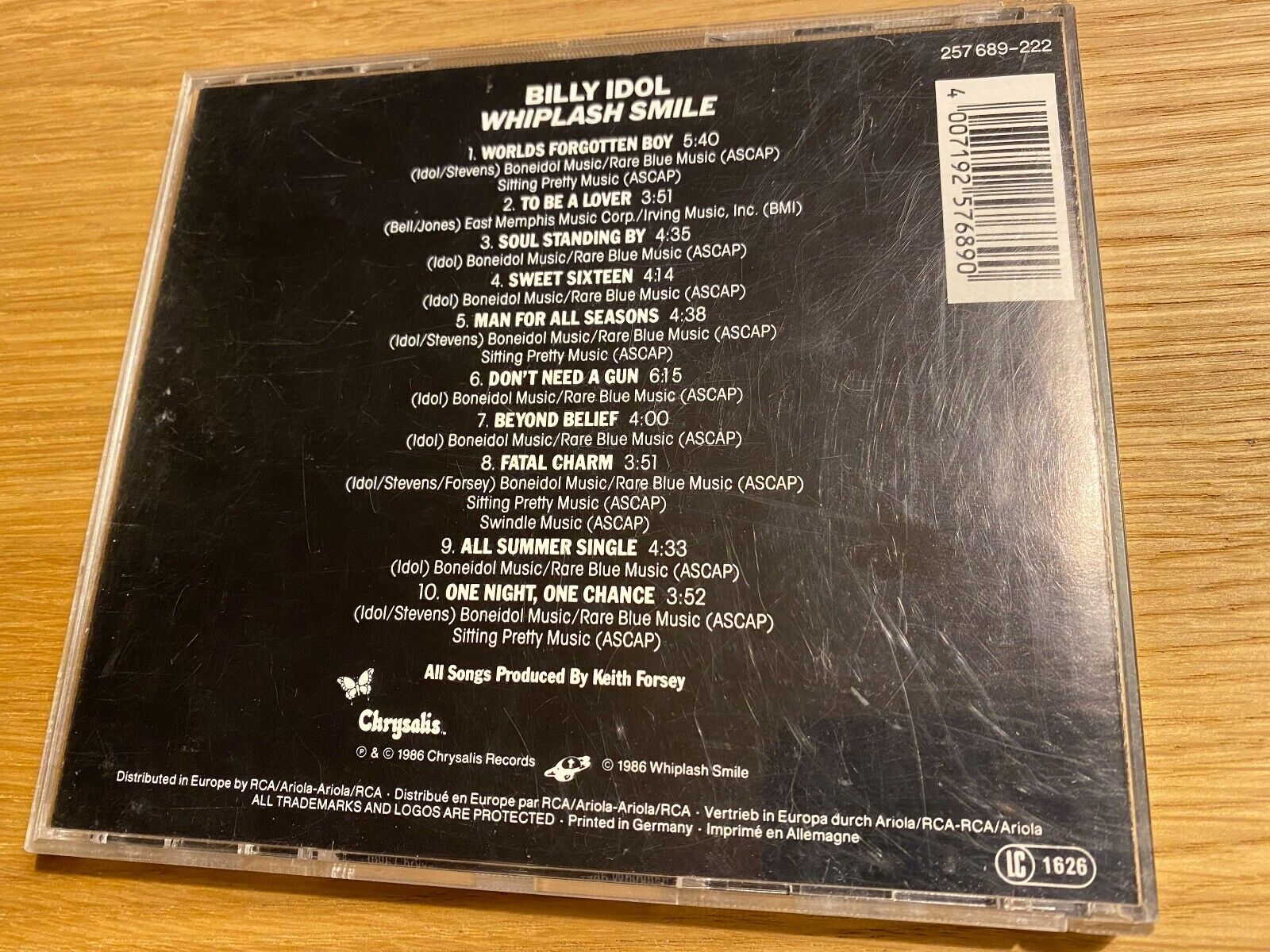 BILLY IDOL "WHIPLASH SMILE" 1986 CD ALBUM 10 TRACKS CHRYSALIS RECORDS W GERMANY