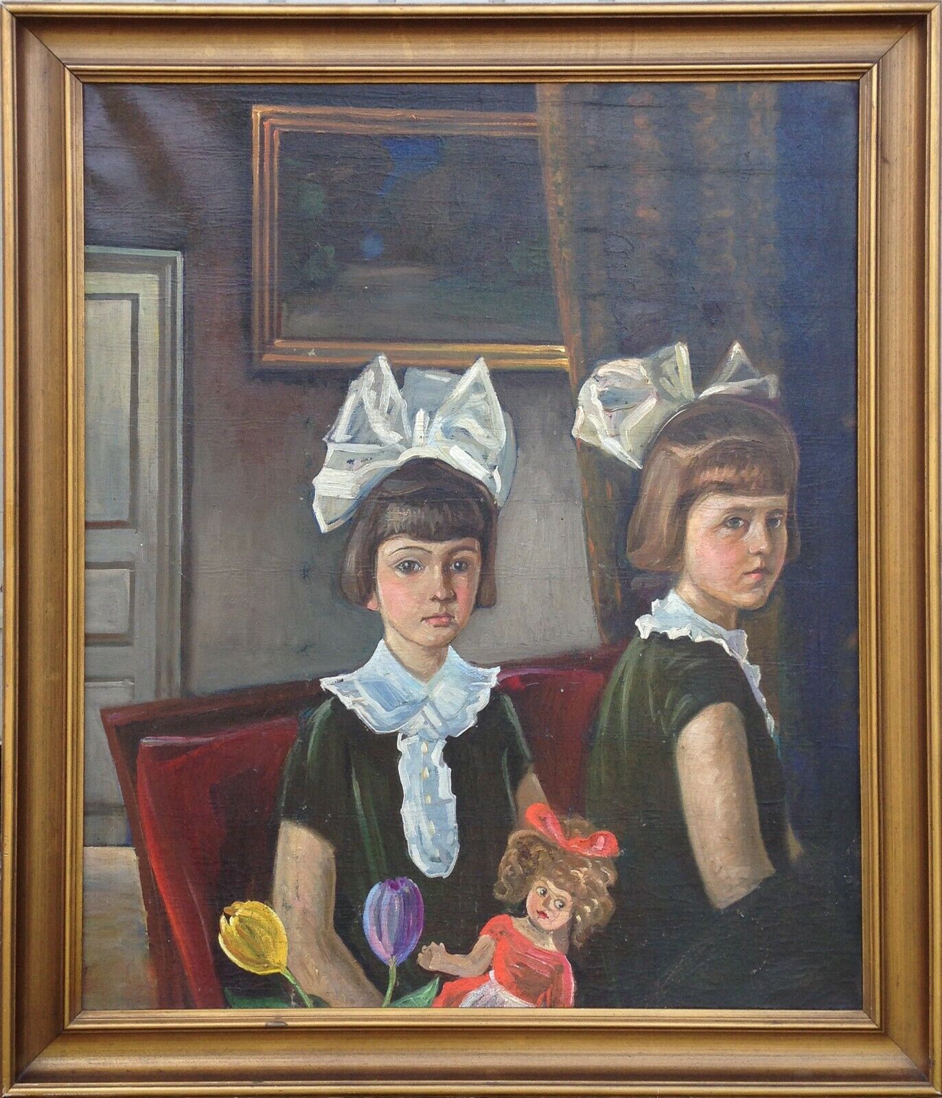 PORTRAIT OF TWO GIRLS WITH BIG BOWS original oil painting