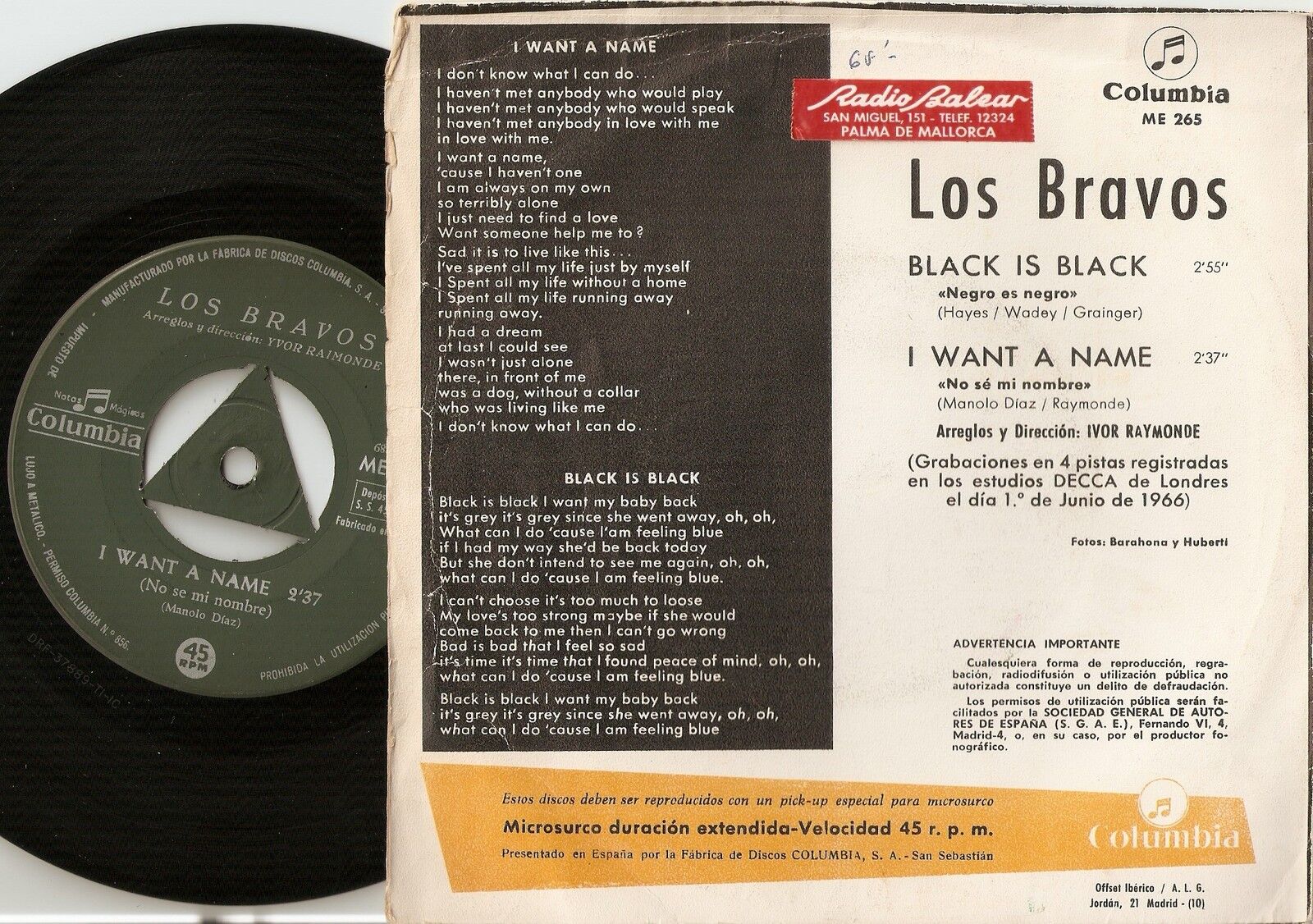 LOS BRAVOS BLACK IS BLACK I WANT A NAME SPANISH PS+45 1966 MOD FREAKBEAT PSYCH