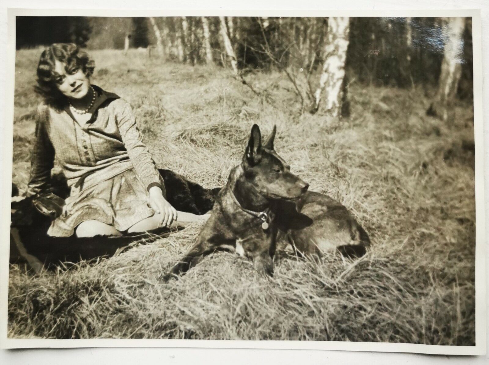 Photo: Young woman sitting on her fur coat next to her Fox terrier 1928  Fo345