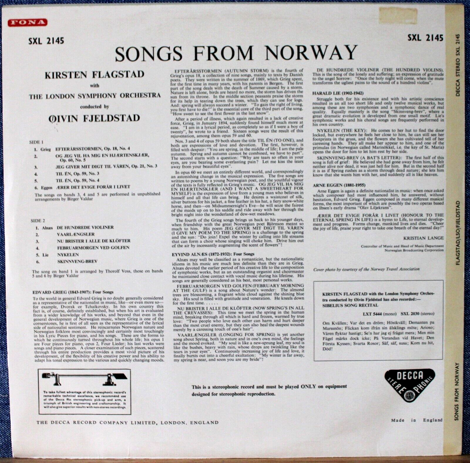 Flagstad; Fjeldstad Songs from Norway Decca SXL 2145 wb NM