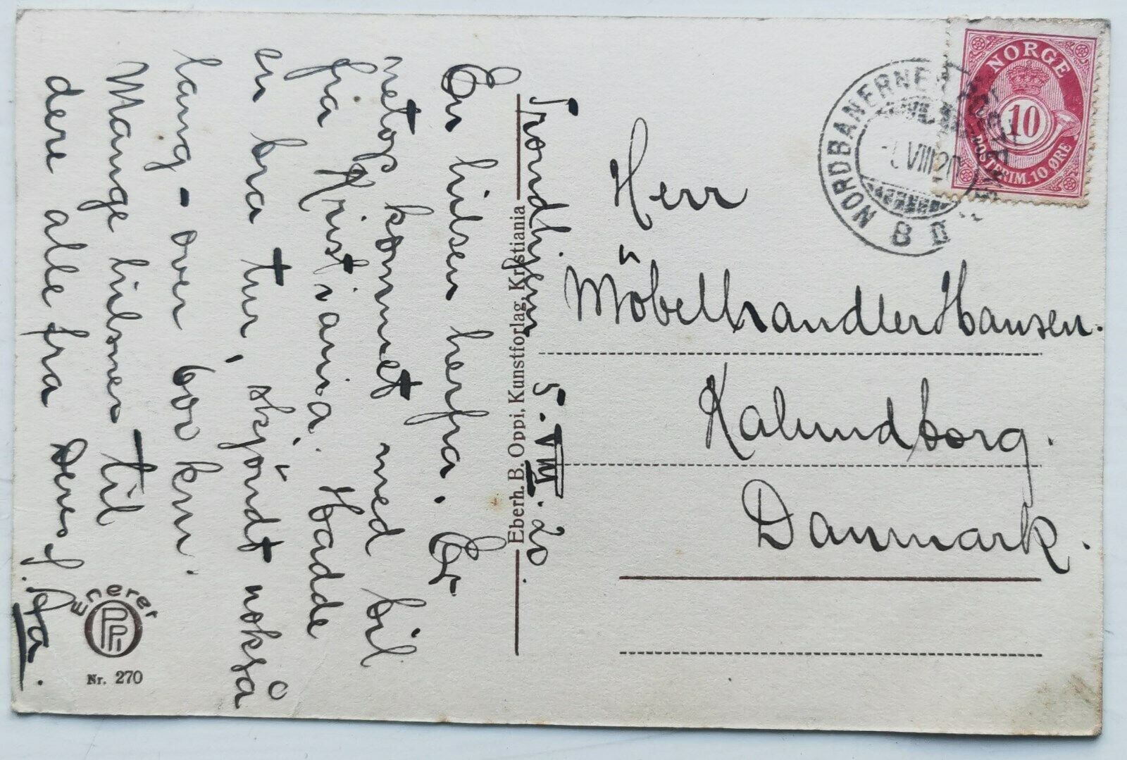 Vintage postcard from Norway: Dyrberg Trondhjem Mailed to Denmark in 1920