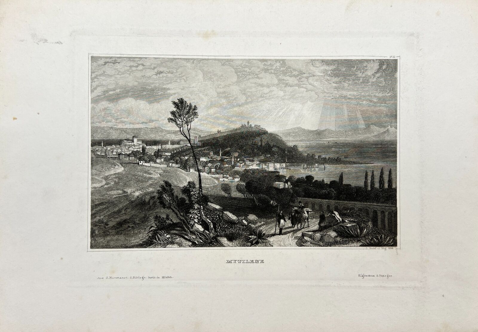 Original Antique Engraving - Karl Reiss - View of Mytilene - Greece - E5