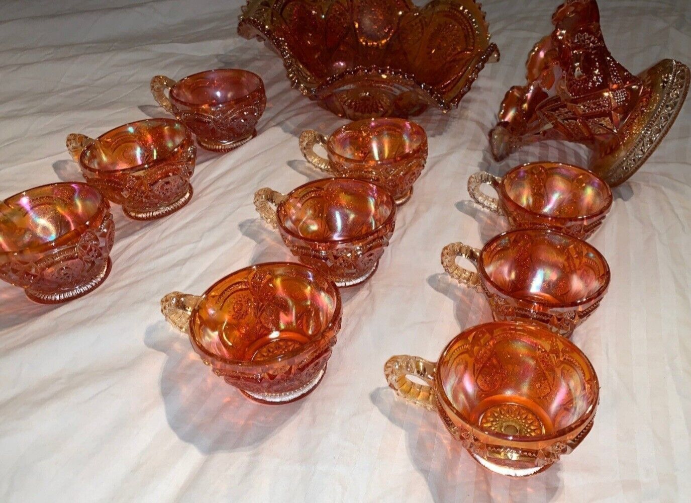 IMPERIAL HOBSTAR vintage marigold carnival glass punch bowl and 9 cups