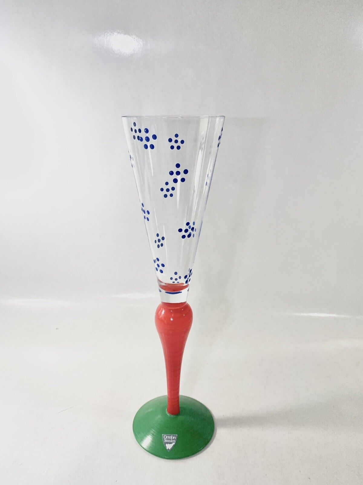 Orrefors Clown Crystal Blue Dotted Red Stem Champagne Glass Anne Nilsson