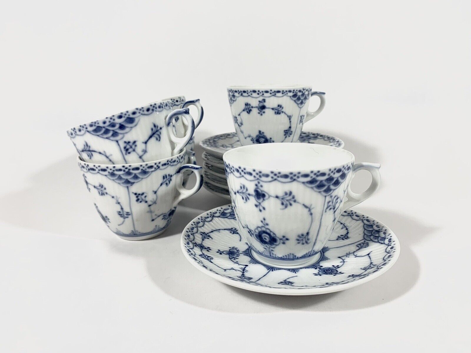 6x Royal Copenhagen Blue Fluted Half Lace  719 Coffee Cups  Saucers Set