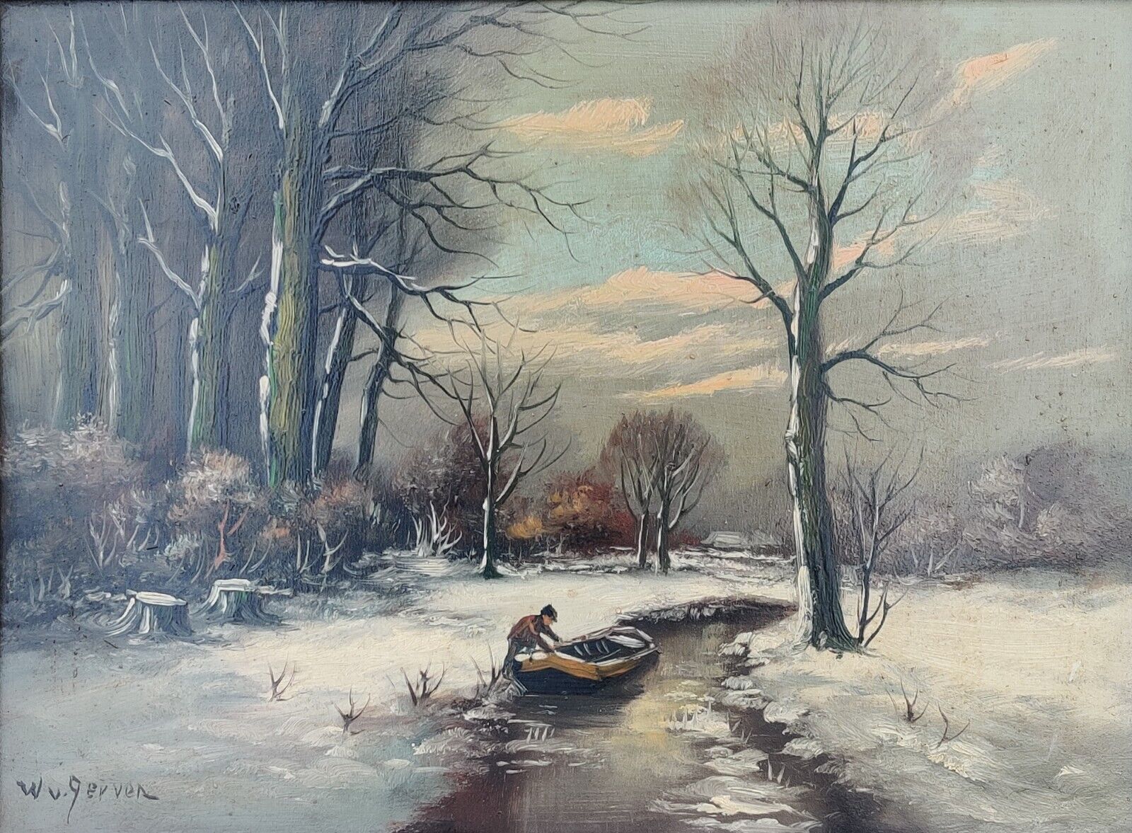 GONE WINTER FISHING original vintage oil painting