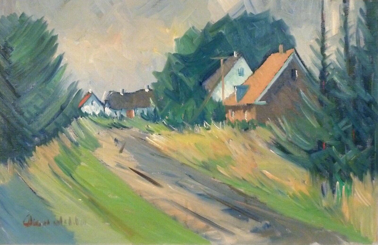 ARNOLD W PEDERSEN! LARGE LANDSCAPE SCENERY WITH HOUSES