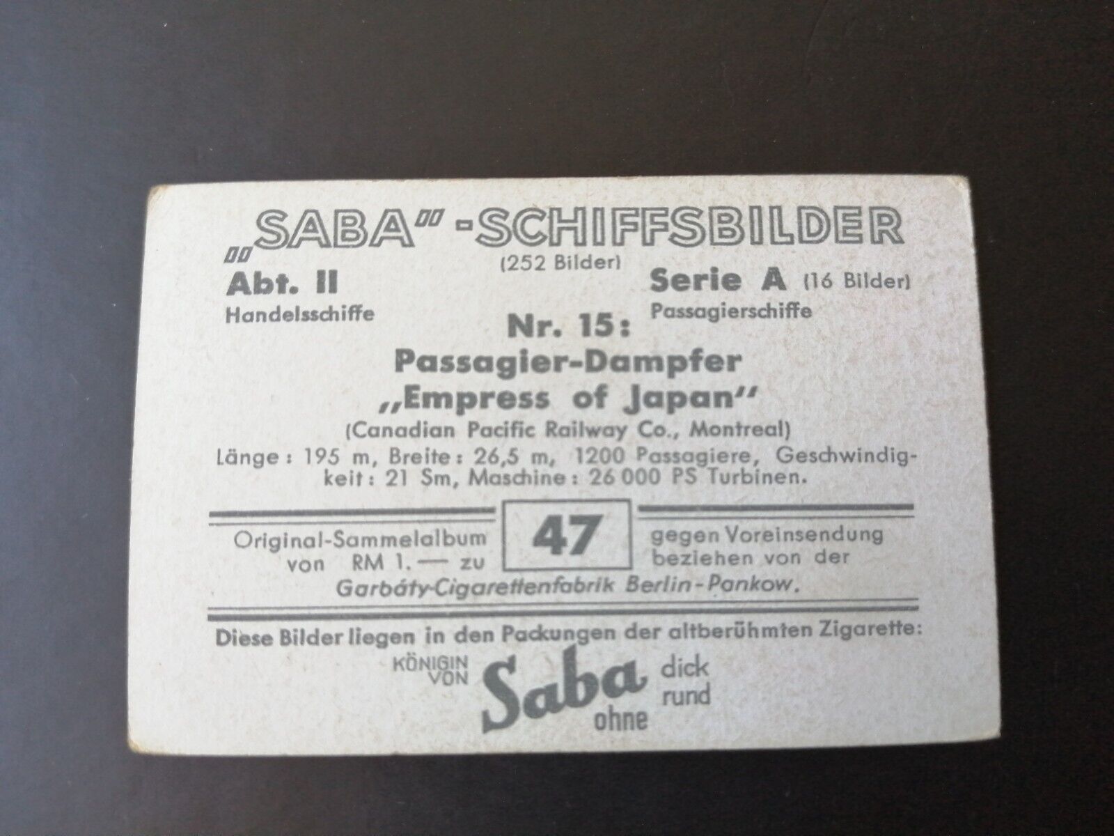 German SABA tobacco ship trading card 1931-33No 47"Empress of Japan" Japan