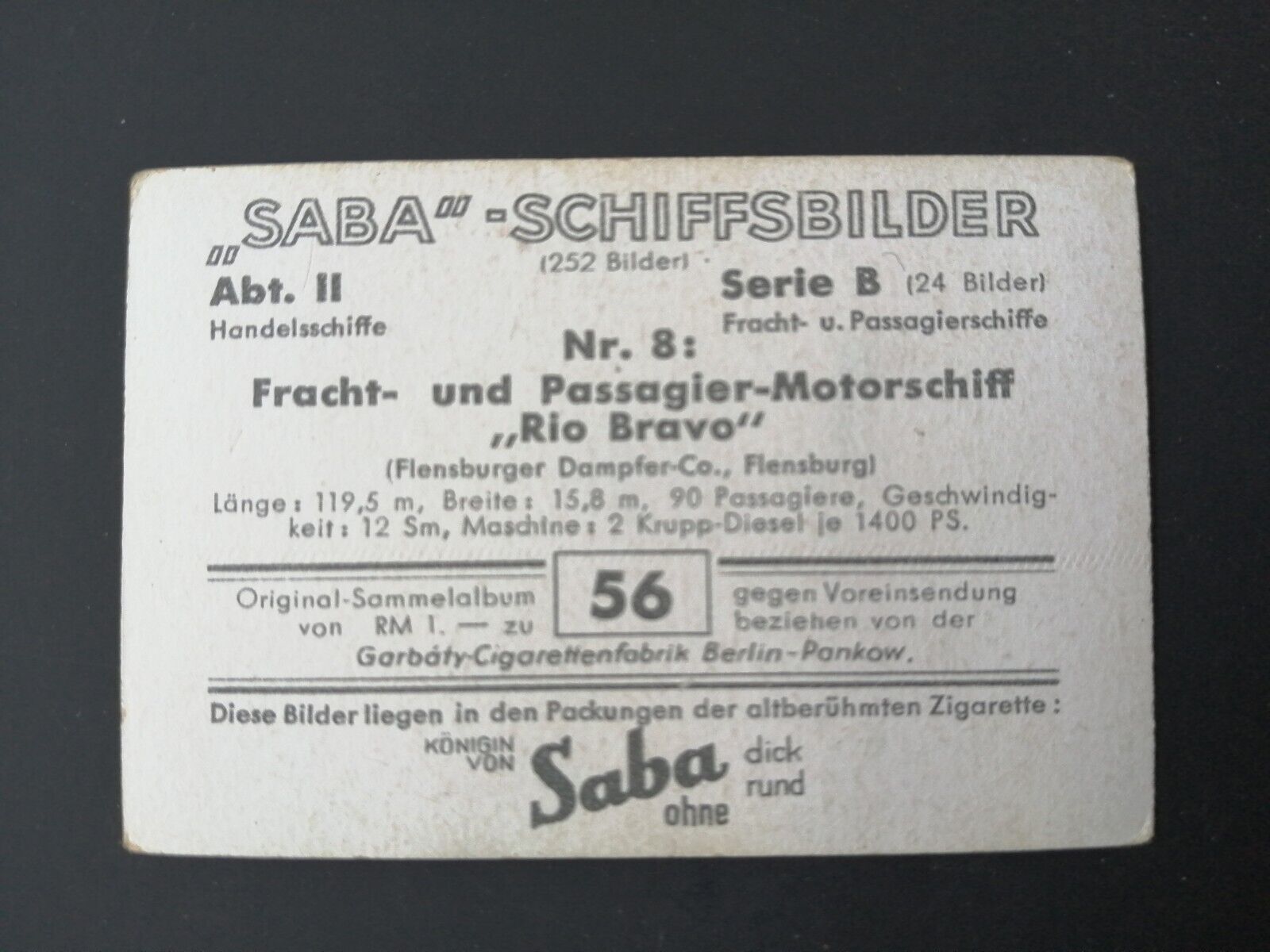 German SABA tobacco ship trading card 1931-33No 56 "Rio Bravo" Flensburg