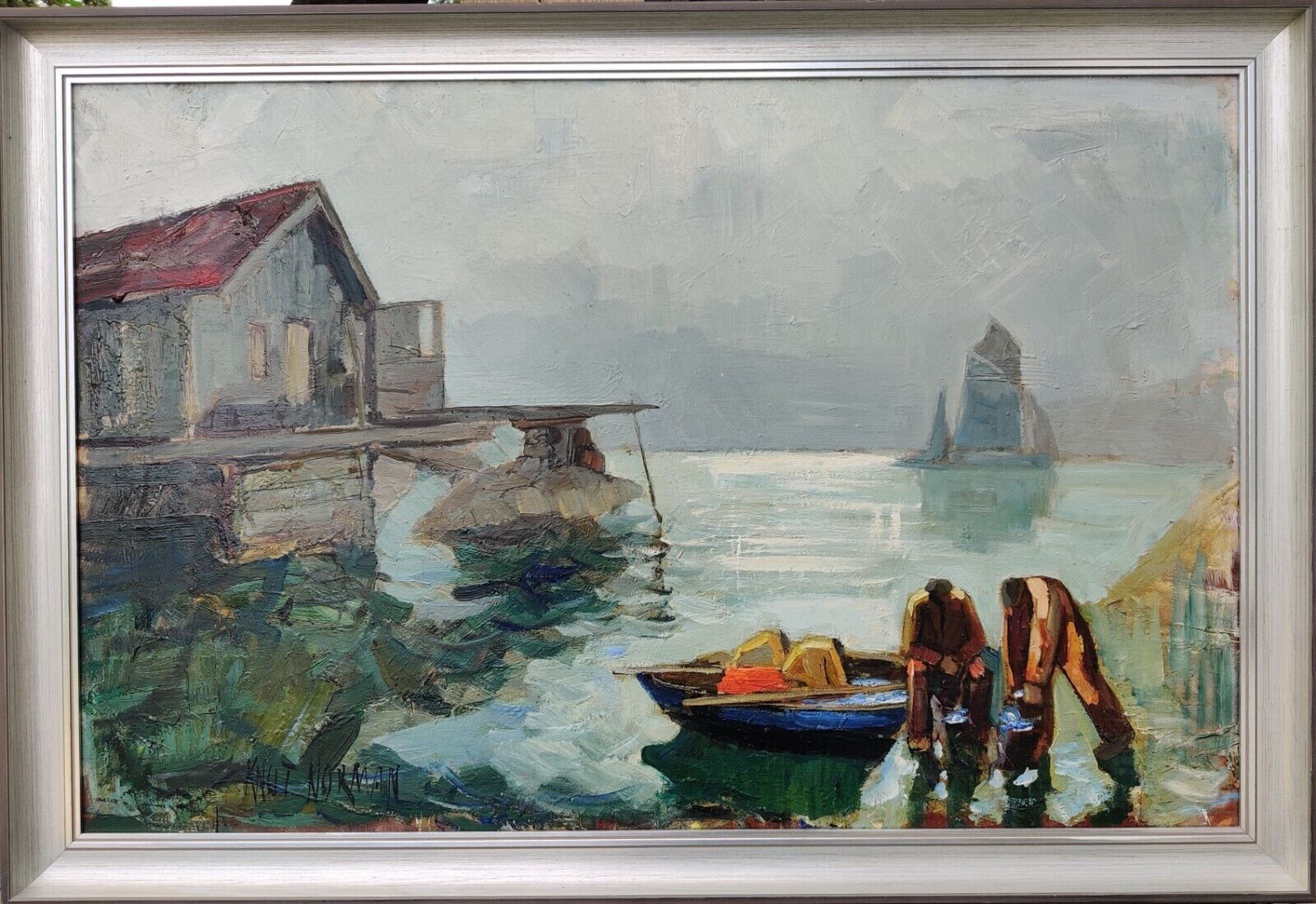 Knut Norman (1896-1977): FISHERMEN BY THEIR BOAT original oil painting