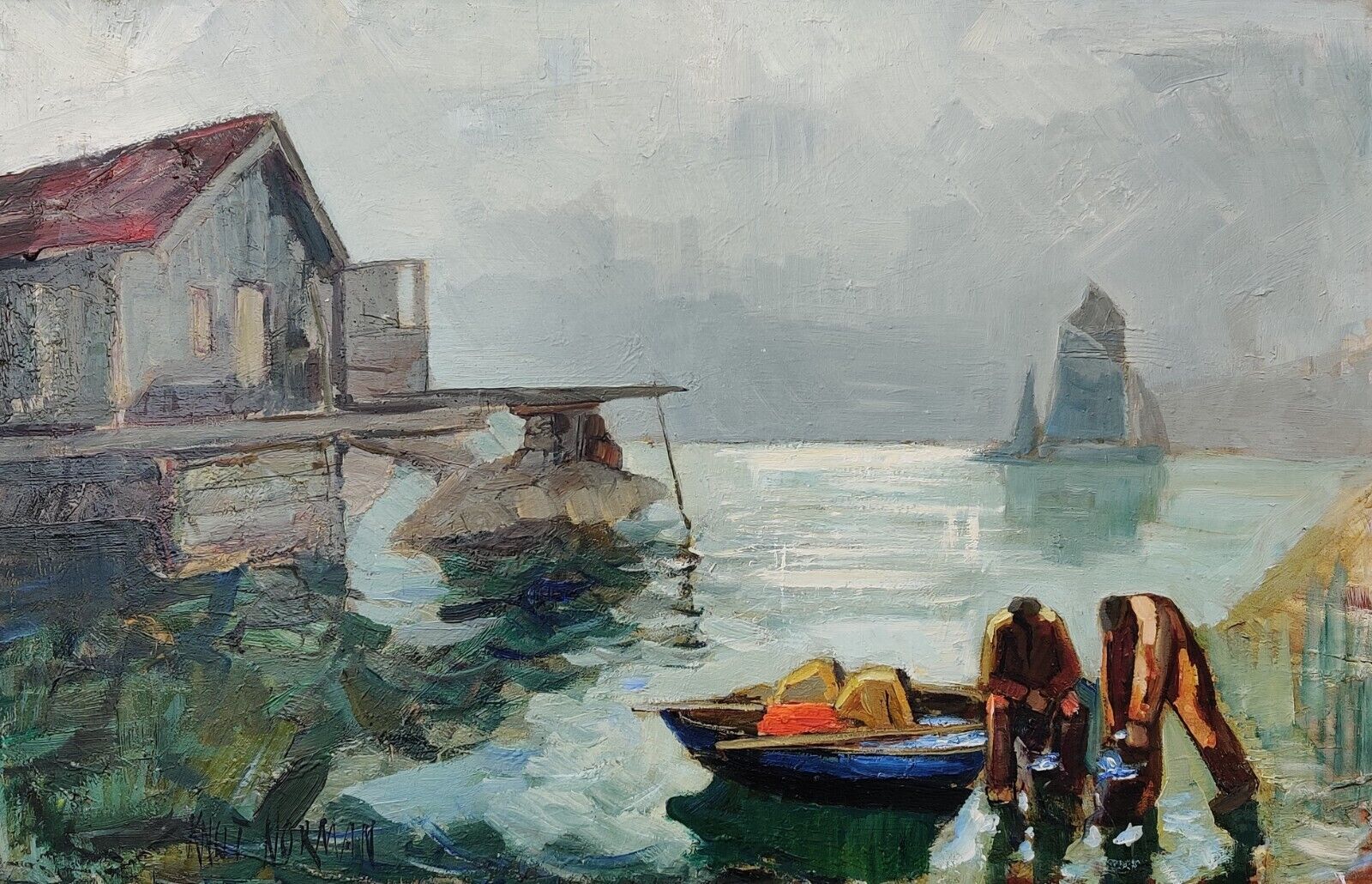 Knut Norman (1896-1977): FISHERMEN BY THEIR BOAT original oil painting