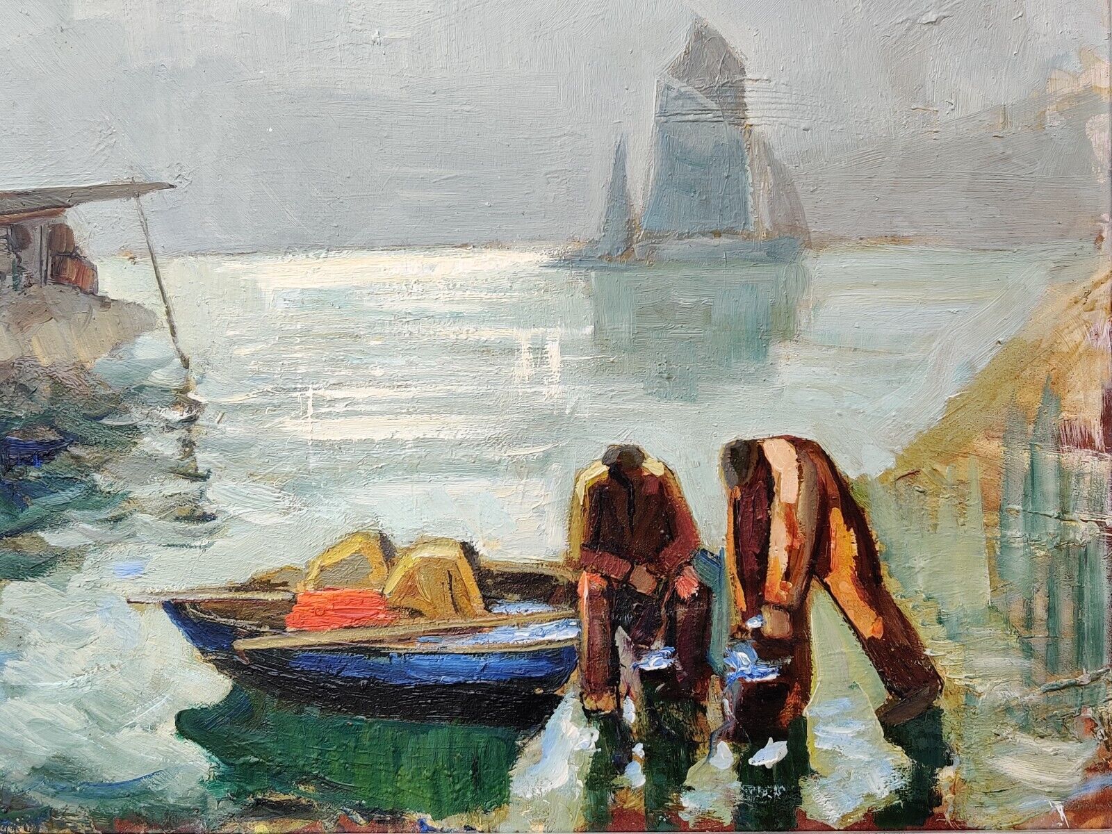 Knut Norman (1896-1977): FISHERMEN BY THEIR BOAT original oil painting