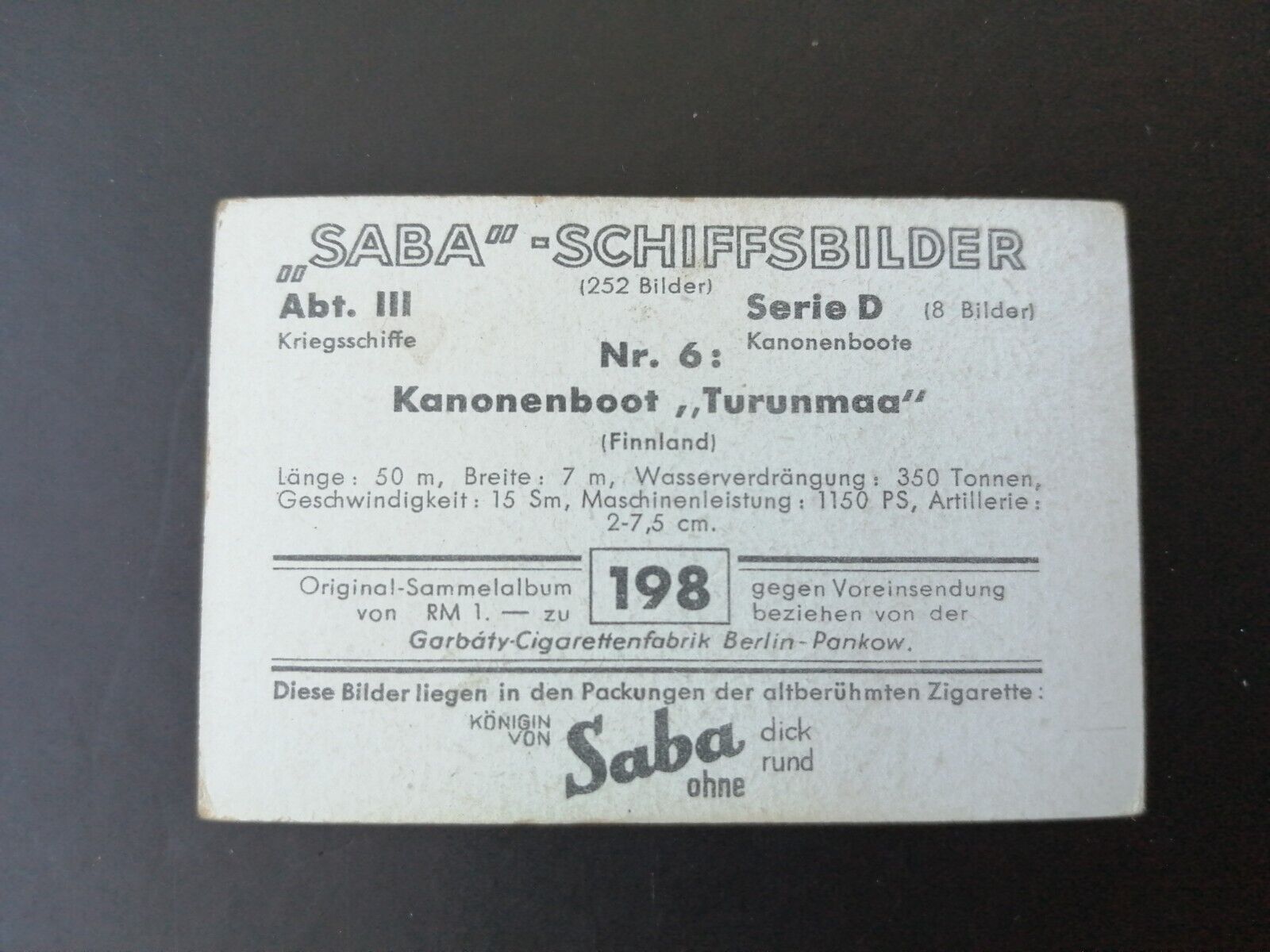 German SABA tobacco ship trading card 1931-33No 198 "Turunmaa" Finland