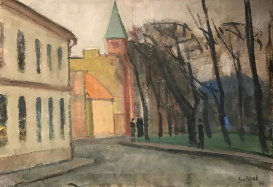 Bror Forssell (1883-1959): CHURCH TOWER AT THE END OF THE STREET Dated 1940