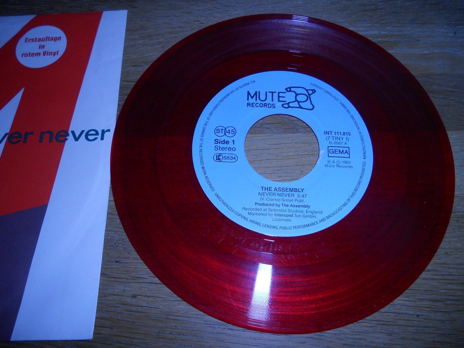 THE ASSEMBLY "NEVER NEVER / STOP/START" RED VINYL WAX 1983 MUTE RECORDS GEMA OOP