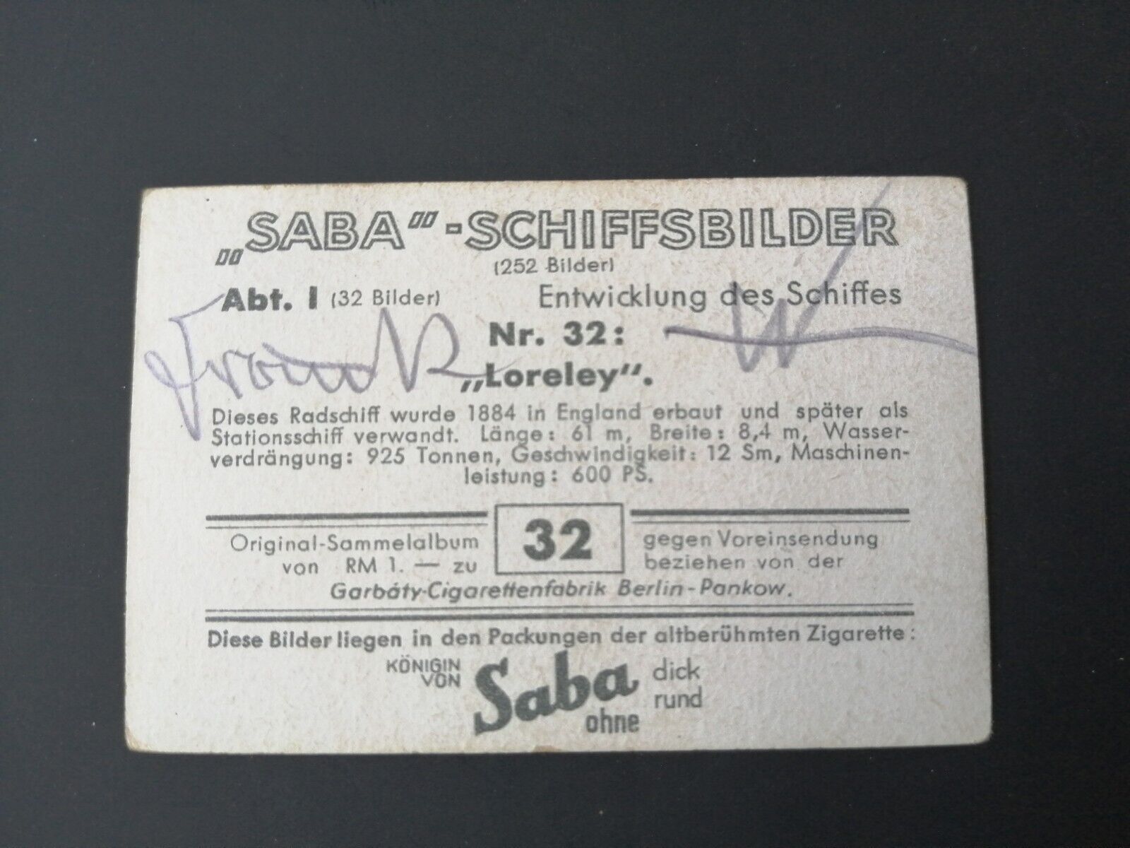 German SABA tobacco ship trading card from 1931-33No 32 "Loreley" 1884