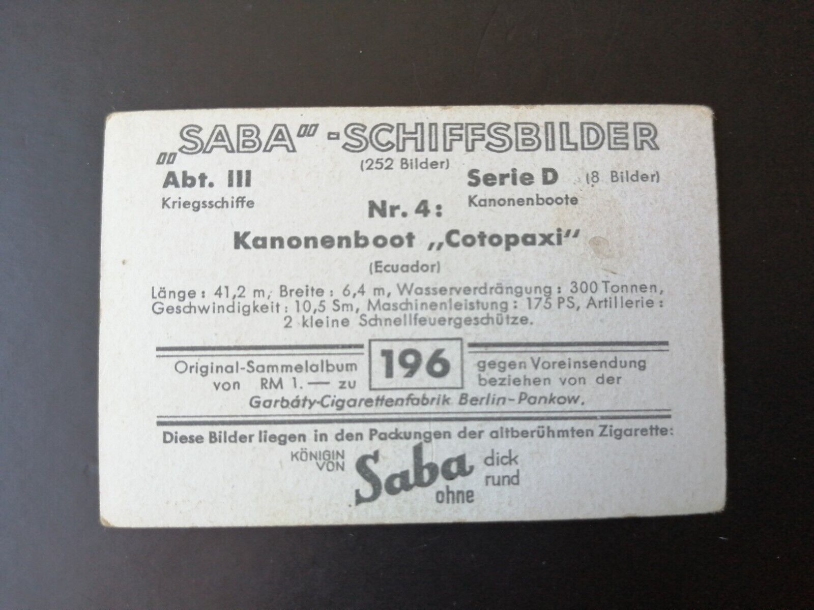 German SABA tobacco ship trading card 1931-33No 196"Cotopaxi" Ecuador