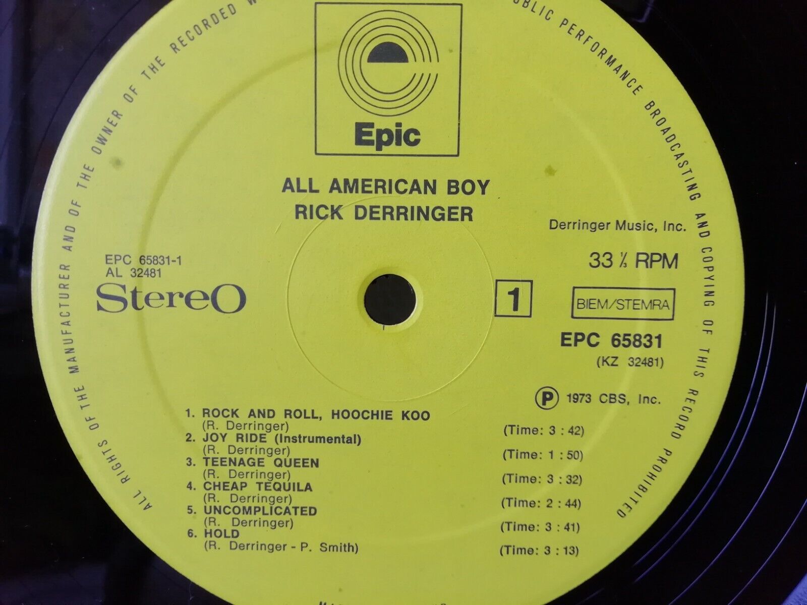 LP "All American Boy" Rick Derringer Epic EPC 65831 1973