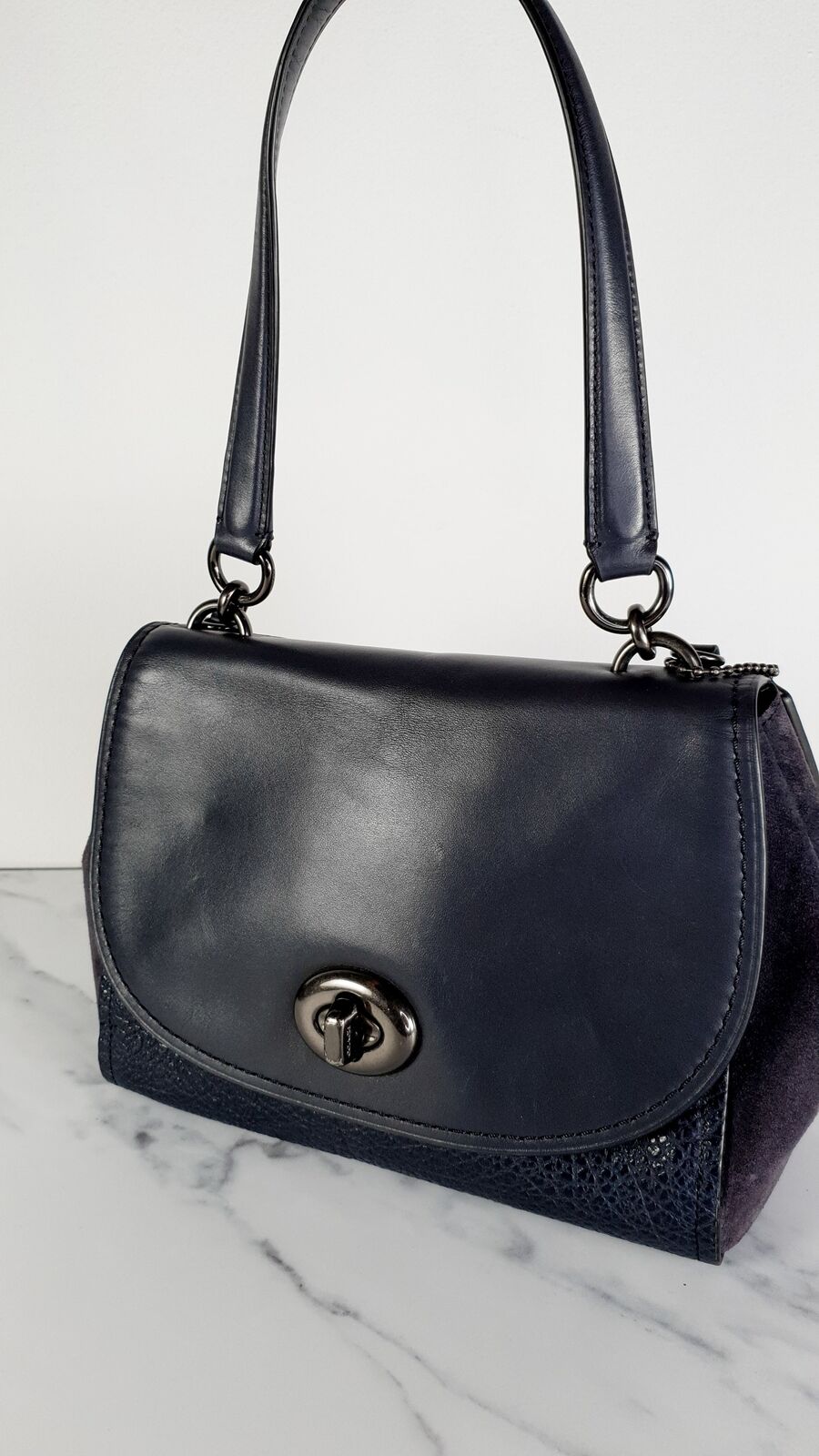 Coach Faye Dark Blue Navy Leather Suede Flap Bag Turnlock Crossbody Coach F22348