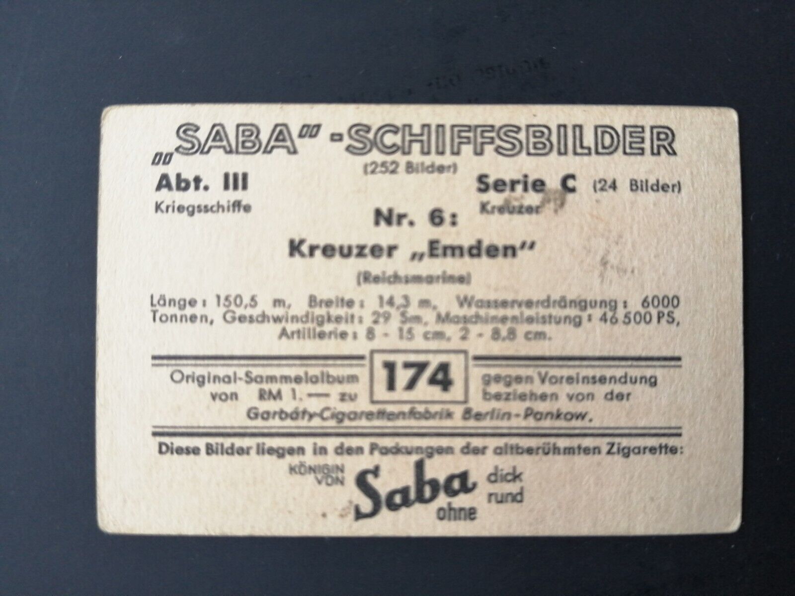 German SABA tobacco ship trading card 1931-33No 174 Kreutzer "Emden "