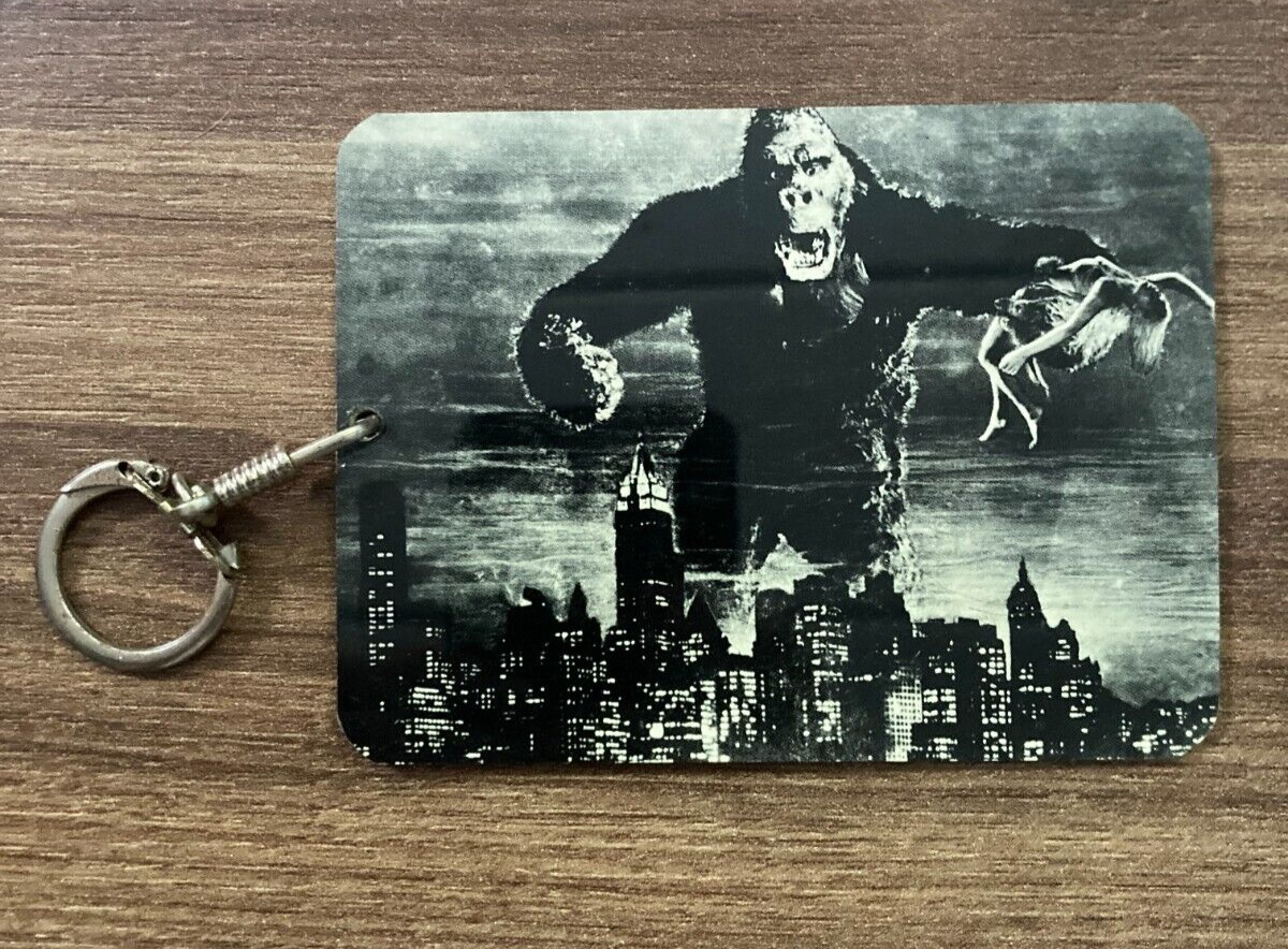 Vintage King Kong Plastic Square Keychain with Classic Scene and Quote