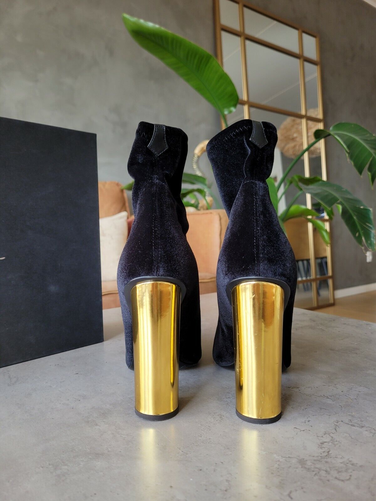 **Giuseppe Zanotti** Black Velvet Gold Heel Ankle Boots Size 40