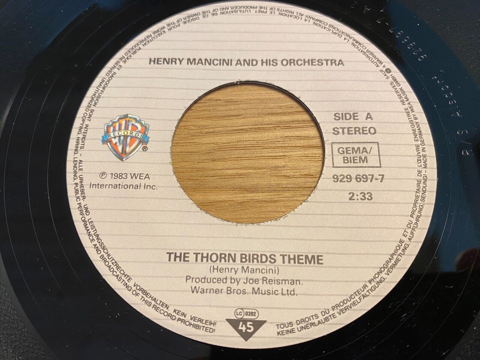 HENRY MANCINI "THE THORN BIRDS THEME" WARNER BROS W GERMAN 1983 7" VINYL SINGLE