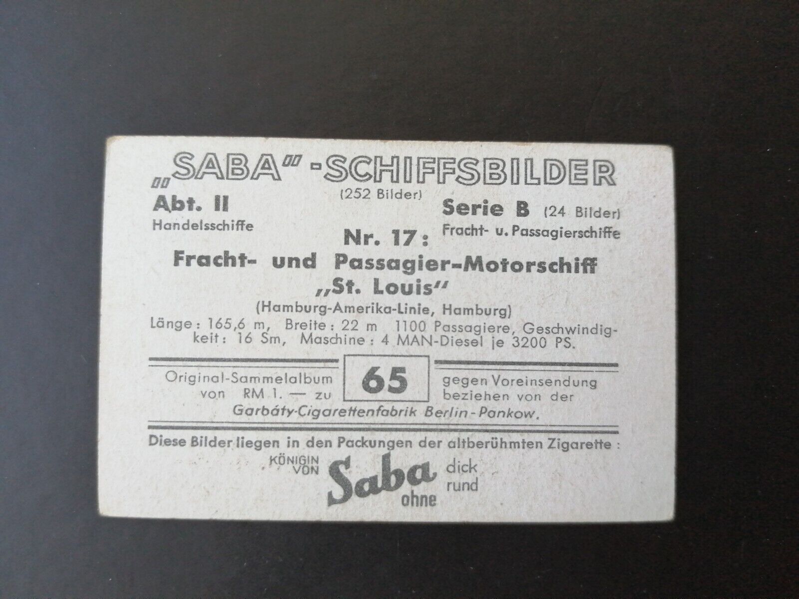 German SABA tobacco ship trading card 1931-33No 65 "StLouis" HH-USA