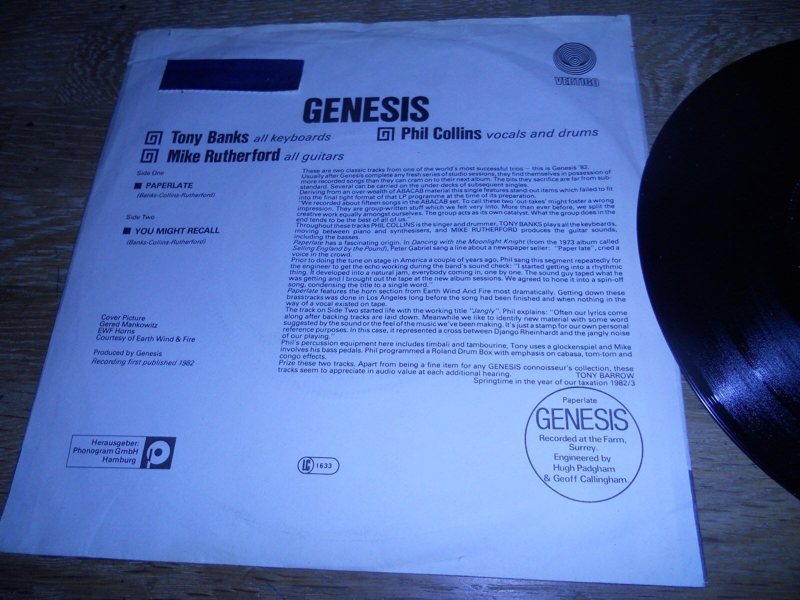 GENESIS "PAPERLATE/  YOU MIGHT RECALL" 1982 WEST GERMAN USED 7 INCH VINYL SINGLE