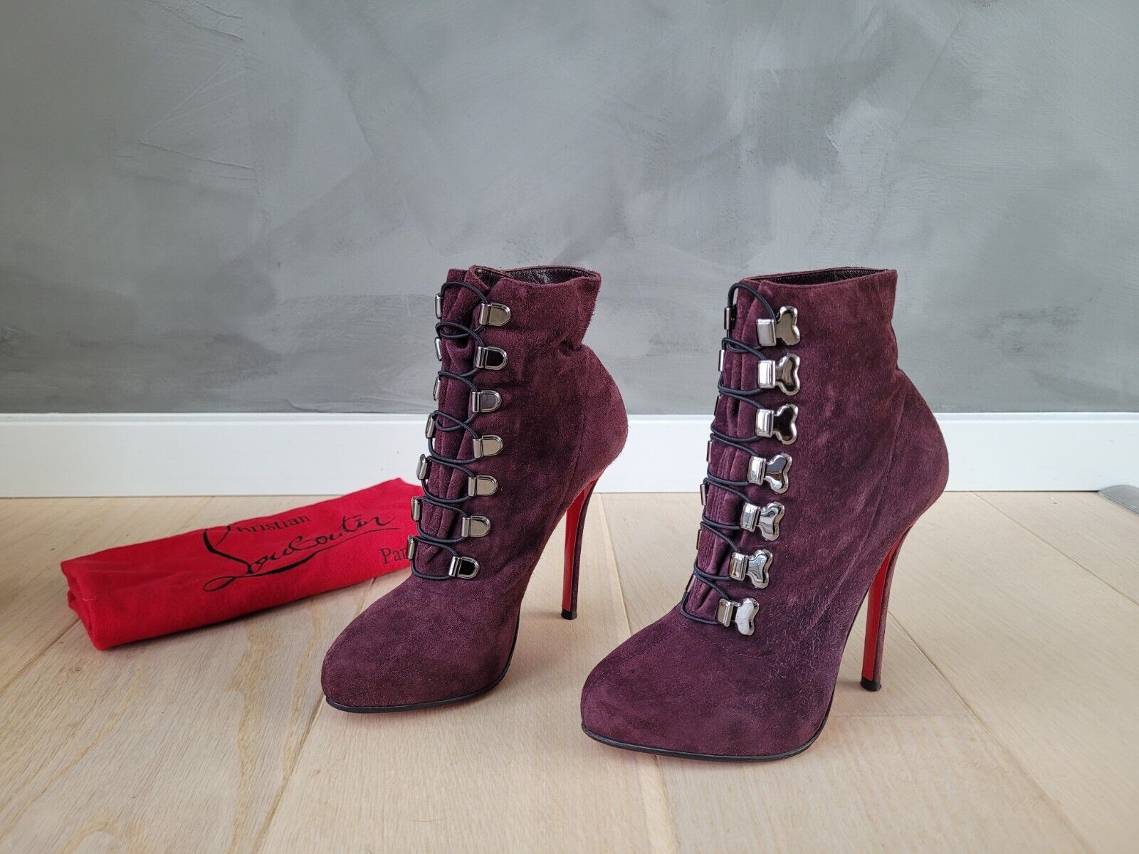 **Christian Louboutin** Burgundy Suede Troopista 120mm Ankle Boots Size 36